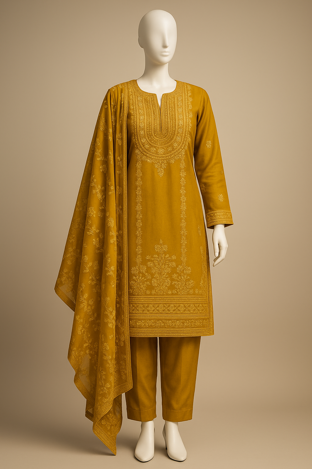 3-Piece Embroidered Chiffon Suit Mustard Yellow