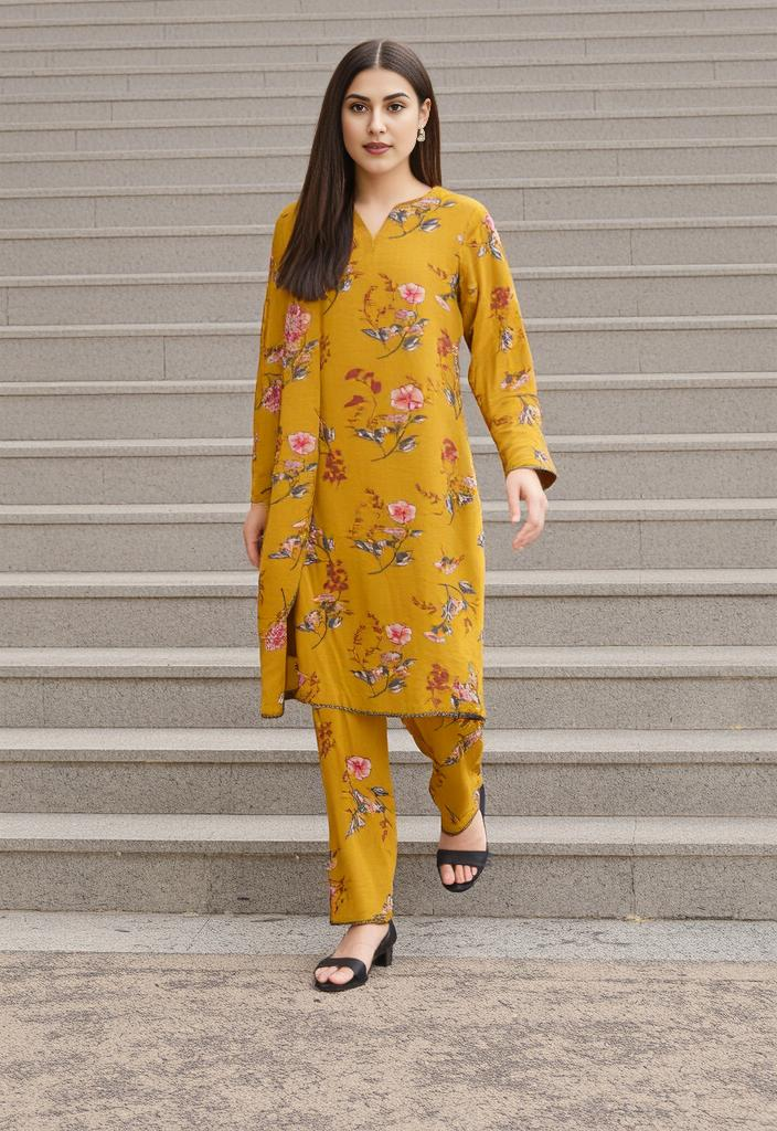 Mustard Printed 3Pcs Linen Suit