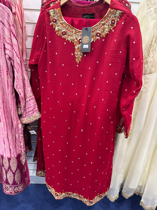 Embroidered 3 Piece Suit Red