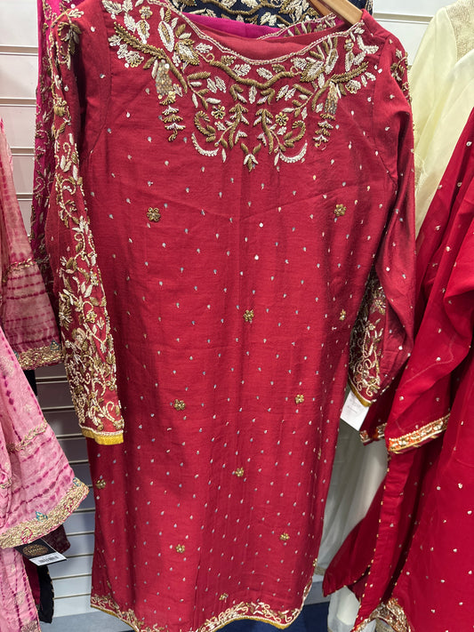 Ladies 3 Piece Embroidered Suit Dark Red