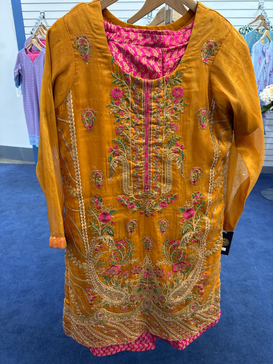 Organe Pink Embroidered 2 Pcs Suit