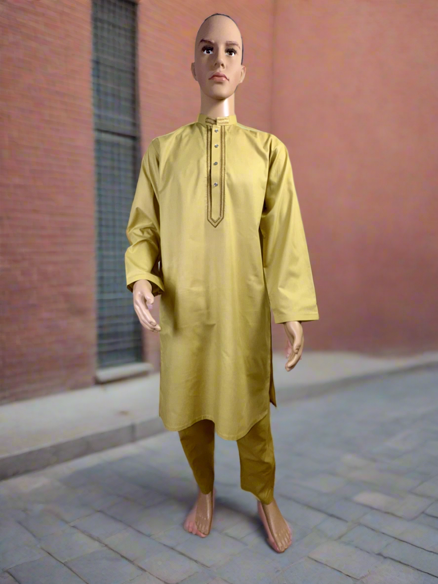Men Cotton Embroided Kurta Pajama Khakhi