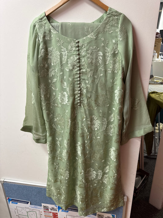 Chiffon Embroidered 3 Pcs Suit - Olive - Large