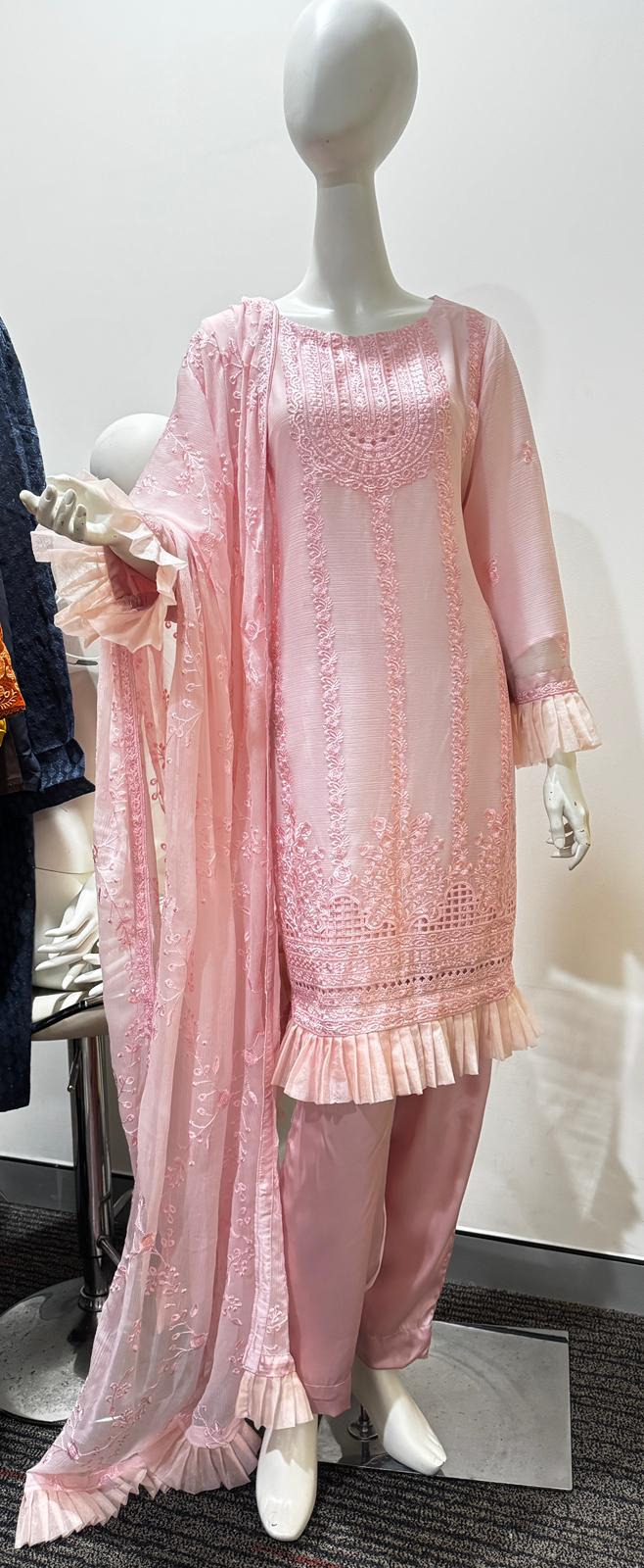 3-Piece Embroidered Chiffon Suit Pink